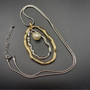 Mixed Metals Pearl Dangle On Long Serpentine Chain Necklace